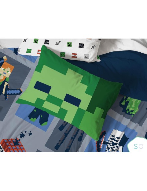 Minecraft Emblematic Twin Bed Set Features Creeper, Alex & Steve - 5 Piece 100% Organic Cotton Bedding - GOTS & Oeko-TEX Certified (Minecraft Official)