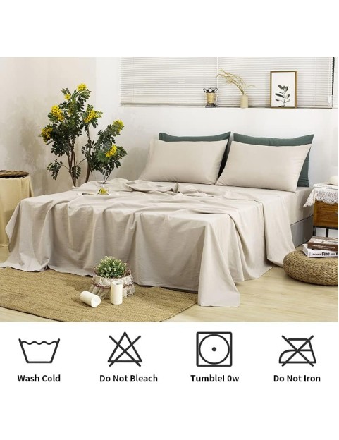 Linen Sheets Queen Size-100% Linen Bed Sheets Set Queen Size, 4Pcs Washed French Flax Linen Sheets Set with Durable Deep Pocket Fitted Sheet & Flat Sheet & 2 Pillowcases, Natural Linen Queen