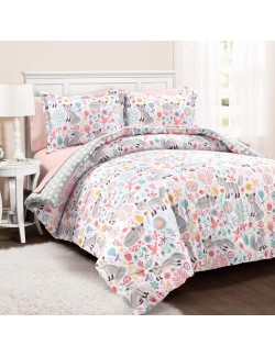 Pixie Fox Reversible Comforter Set, 5 Piece Set, Full, Pink & Gray - Kids Bedding with Sheet Set - Comforter Set for Girls - Toddler Bedding - Floral & Hearts - Woodland Bedroom Decor