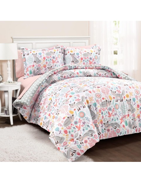 Pixie Fox Reversible Comforter Set, 5 Piece Set, Full, Pink & Gray - Kids Bedding with Sheet Set - Comforter Set for Girls - Toddler Bedding - Floral & Hearts - Woodland Bedroom Decor