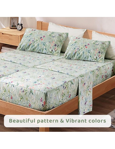 100% Cotton Sheets for Split King Size Bed, Pattern Botanical Luxury Cotton Printed Floral Bedding Sheets Soft and Breathable 5pcs Deep Pocket Queen Sheet Set