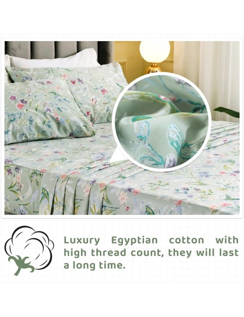 100% Cotton Sheets for Split King Size Bed, Pattern Botanical Luxury Cotton Printed Floral Bedding Sheets Soft and Breathable 5pcs Deep Pocket Queen Sheet Set