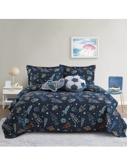 Quilt Queen Size - 100% Cotton Reversible Bedspread Bedding Set for Kids Teens Boys, Rockets Outer Space Planets Pattern Printed Blue Coverlet, 1 Comforter + 2 Pillow Shams