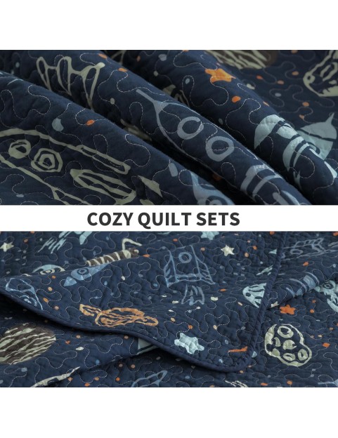 Quilt Queen Size - 100% Cotton Reversible Bedspread Bedding Set for Kids Teens Boys, Rockets Outer Space Planets Pattern Printed Blue Coverlet, 1 Comforter + 2 Pillow Shams