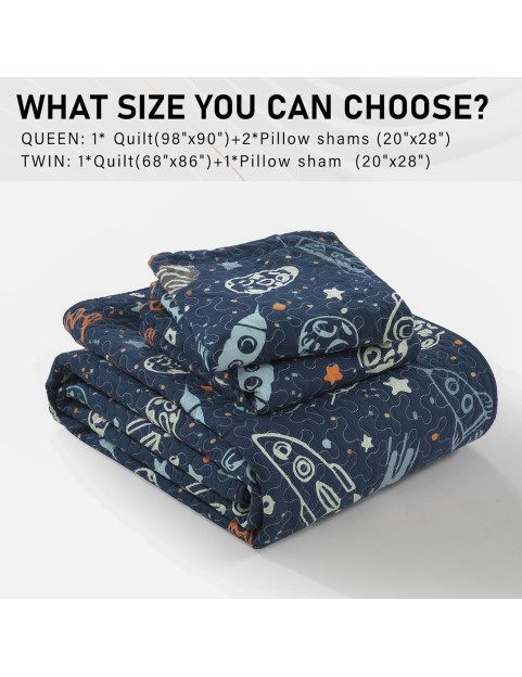 Quilt Queen Size - 100% Cotton Reversible Bedspread Bedding Set for Kids Teens Boys, Rockets Outer Space Planets Pattern Printed Blue Coverlet, 1 Comforter + 2 Pillow Shams