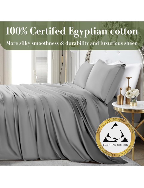 100% Egyptian Cotton King Size Sheets Set - 1000 Thread Count，Luxury Cotton Bed Sheets，Breathable & Cooling Bedding and Pillow Cases, 16 Inch Deep Pocket - 4 Piece (King, Grey)