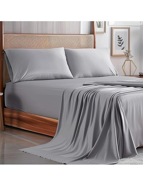 100% Viscose Derived from Bamboo, Soft Cooling Bedding with Silk Satin Finish,Extra Deep Pocket, Hypoallergenic, Breathable, 4 Piece King Size Luxury Hotel Gray Bed Sheet Set, Oeko-Tex Certified