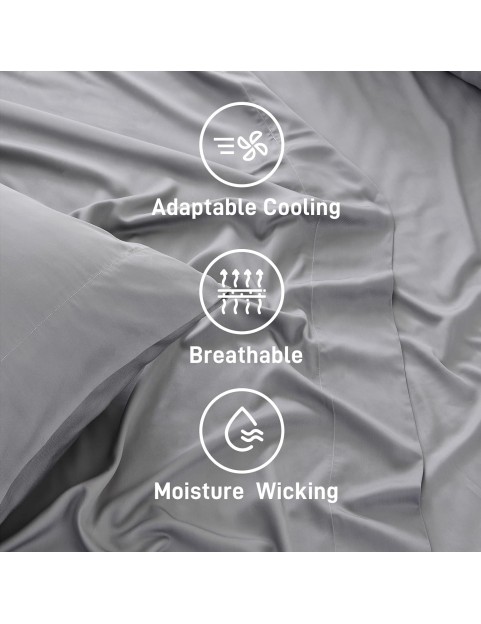 100% Viscose Derived from Bamboo, Soft Cooling Bedding with Silk Satin Finish,Extra Deep Pocket, Hypoallergenic, Breathable, 4 Piece King Size Luxury Hotel Gray Bed Sheet Set, Oeko-Tex Certified