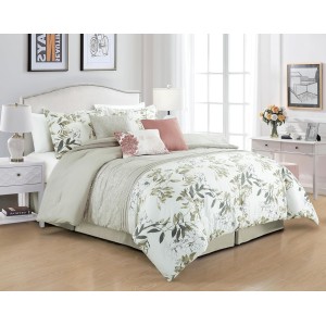 7-Piece Floral Botanical Comforter Set Queen - Floral Embroidery Multicolor Taupe-Green Gray White Botanical Leaves Printed Microfiber Lightweight Bedding Set