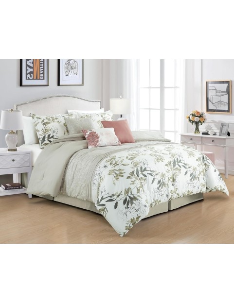 7-Piece Floral Botanical Comforter Set Queen - Floral Embroidery Multicolor Taupe-Green Gray White Botanical Leaves Printed Microfiber Lightweight Bedding Set