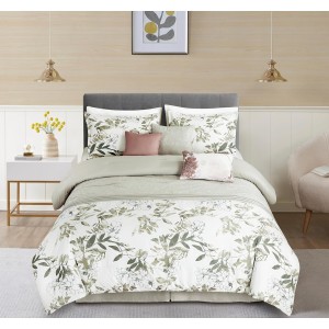 7-Piece Floral Botanical Comforter Set Queen - Floral Embroidery Multicolor Taupe-Green Gray White Botanical Leaves Printed Microfiber Lightweight Bedding Set