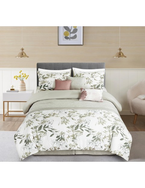 7-Piece Floral Botanical Comforter Set Queen - Floral Embroidery Multicolor Taupe-Green Gray White Botanical Leaves Printed Microfiber Lightweight Bedding Set