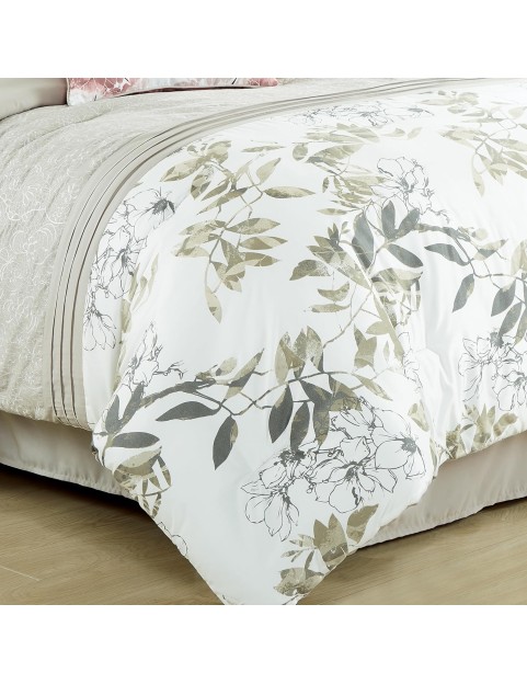 7-Piece Floral Botanical Comforter Set Queen - Floral Embroidery Multicolor Taupe-Green Gray White Botanical Leaves Printed Microfiber Lightweight Bedding Set