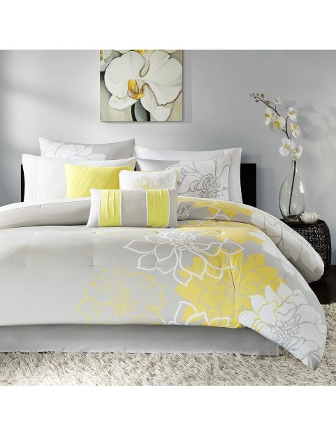 Lola Sateen Cotton Comforter Set-Casual Medallion Floral Design All Season Down Alternative Bedding, Shams, Bedskirt, Decorative Pillows, King, Grey/Yellow 7 Piece