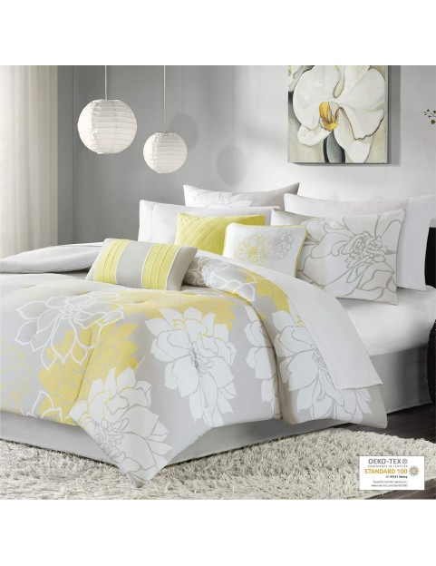 Lola Sateen Cotton Comforter Set-Casual Medallion Floral Design All Season Down Alternative Bedding, Shams, Bedskirt, Decorative Pillows, King, Grey/Yellow 7 Piece