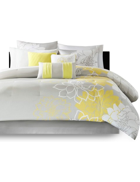 Lola Sateen Cotton Comforter Set-Casual Medallion Floral Design All Season Down Alternative Bedding, Shams, Bedskirt, Decorative Pillows, King, Grey/Yellow 7 Piece