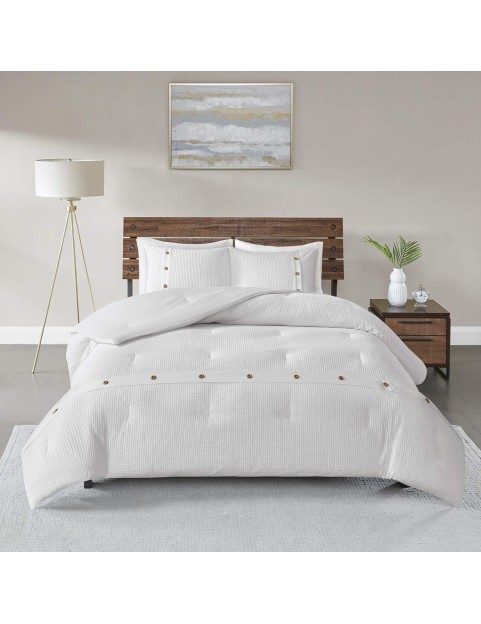 Cozy Cotton Comforter Set Casual Modern Design All Season Bedding, Matching Shams, King/California King (104 in x 92 in), White 3 Piece