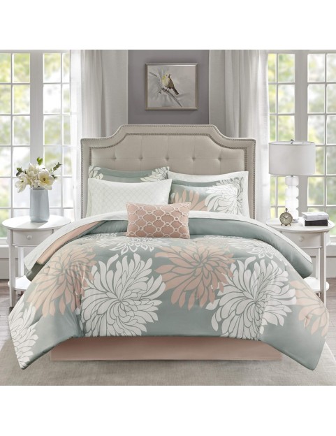 Maible Cozy Bed in A Bag Comforter with Complete Cotton Sheet Set-Floral Medallion Damask Design All Season Cover, Decorative Pillow, Cal King(104"" x92), Floral Blush 9 Piece