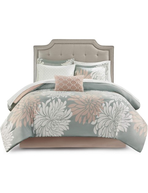 Maible Cozy Bed in A Bag Comforter with Complete Cotton Sheet Set-Floral Medallion Damask Design All Season Cover, Decorative Pillow, Cal King(104"" x92), Floral Blush 9 Piece