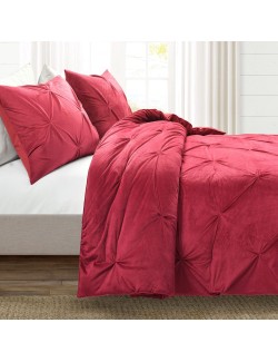 Soft Velvet Diamond Pintuck 3 Piece Comforter Set, King, Red