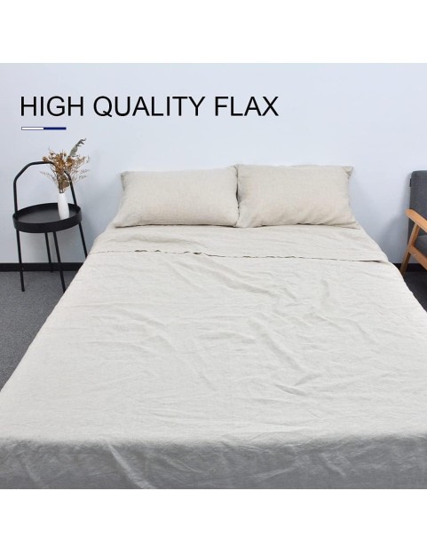 100% Linen Sheets Queen Size, Natural French Flax Bed Sheet Sets 4 Pcs, Soft Breathable Deep Pocket Farmhouse Bedding (1 Flat Sheet, 1 Fitted Sheet, 2 Pillowcases) - Linen