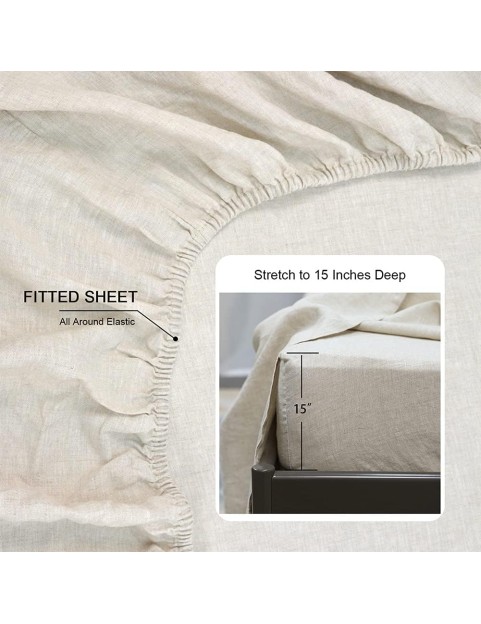 100% Linen Sheets Queen Size, Natural French Flax Bed Sheet Sets 4 Pcs, Soft Breathable Deep Pocket Farmhouse Bedding (1 Flat Sheet, 1 Fitted Sheet, 2 Pillowcases) - Linen