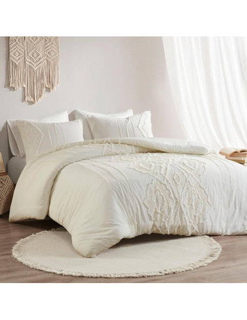 Comforter Set Cotton Chenille Tufted Damask Design Cal King/King Size Comforter Sets, Margot Farmhouse Bedding, All Season Cover, Matching Shams, King/Cal King, Off White 3 Piece