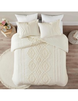 Comforter Set Cotton Chenille Tufted Damask Design Cal King/King Size Comforter Sets, Margot Farmhouse Bedding, All Season Cover, Matching Shams, King/Cal King, Off White 3 Piece