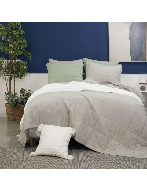 Stonewashed Linen Blend Box Stitch Quilt and Matching Pillow Shams 3pcs Set, Queen Size, Grey Color