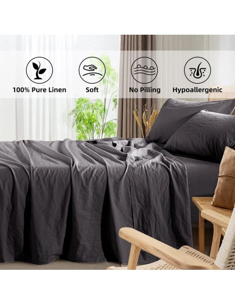 Linen Sheets Queen Size Set, 100% Linen Bed Sheets Breathable & Cooling Pure French Linen Sheets,Soft Durable and Tear Resistant -16 Inch Deep Pocket - 4 Pcs(Dark Grey, Queen)