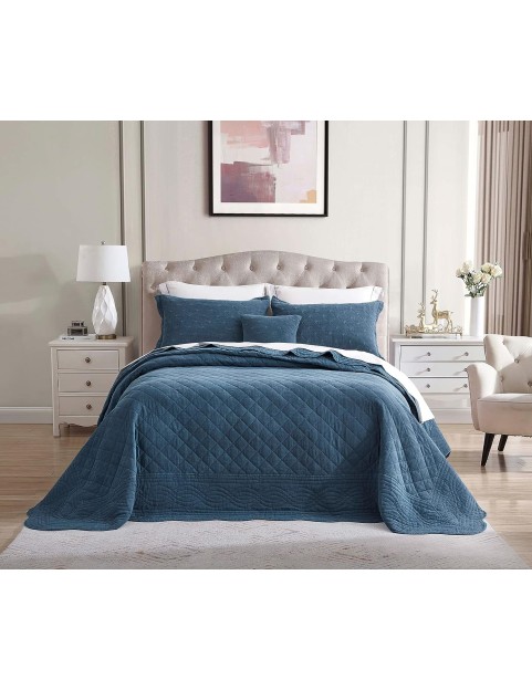 Oversized Queen Bedspread - Shabby Chic Rustic Look - Enzyme Washed, Ultra Soft & Lightweight, Reversible, Cotton/Polyester, 5 Piece, Queen, Majolica Blue