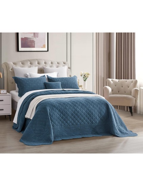 Oversized Queen Bedspread - Shabby Chic Rustic Look - Enzyme Washed, Ultra Soft & Lightweight, Reversible, Cotton/Polyester, 5 Piece, Queen, Majolica Blue