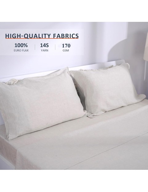 Linen Sheets, 100% French Flax Linen, Sturdy, Soft and Breathable, Linen Sheet Set 4 Pcs-1 Flat Sheet, 1 Fitted Sheet, 2 Pillowcases, Linen Sheet for Hot Sleeper (Queen, Natural Linen/Beige)