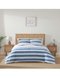 Comforter Set, Breathable Bedding with Matching Shams, Striped Home Decor, Luxuriously Soft Room Decor (Awning Blue, Queen)